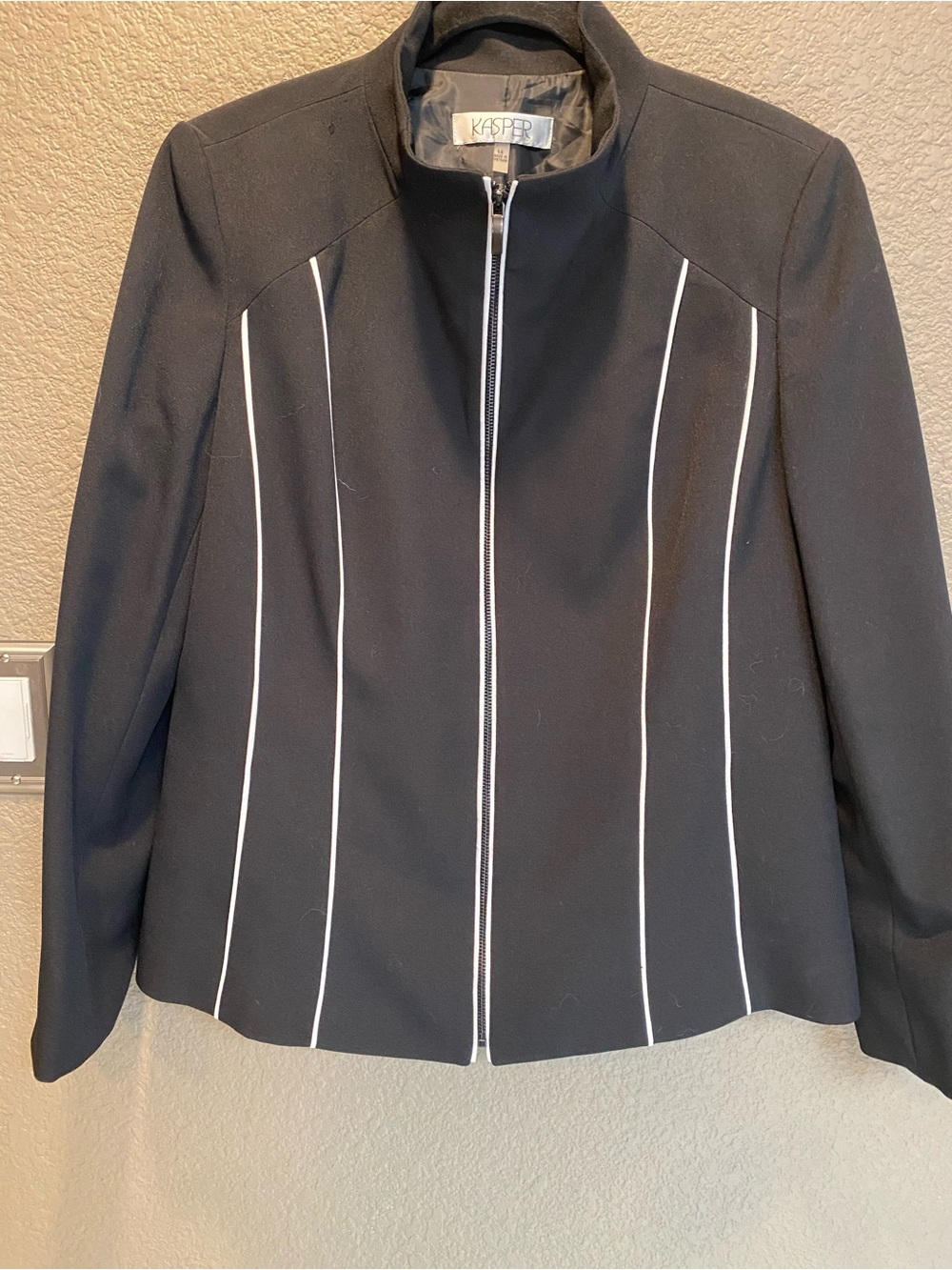 Kasper Black Jacket with White Piping Zip Front